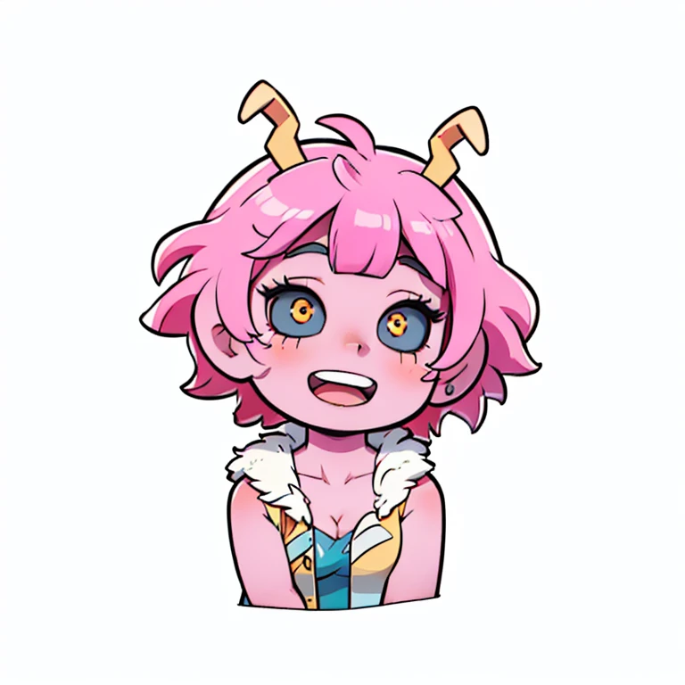 mina ashido, pink hair, 1girl, short hair, uhd, 4k, face detail, eyes detail, only_head, head_only, white background, solo, happy face expression, kawaii, chibi, upper body, circle frame, smiling , open mouth, vivid colors, ashido_mina, colored skin, pink skin, colored sclera, black sclera, ashidomina, horns, clavicle, bare shoulders, cleavage, fur trimmings , vest, jumpsuit, bodysuit, (lineart, monochrome)
