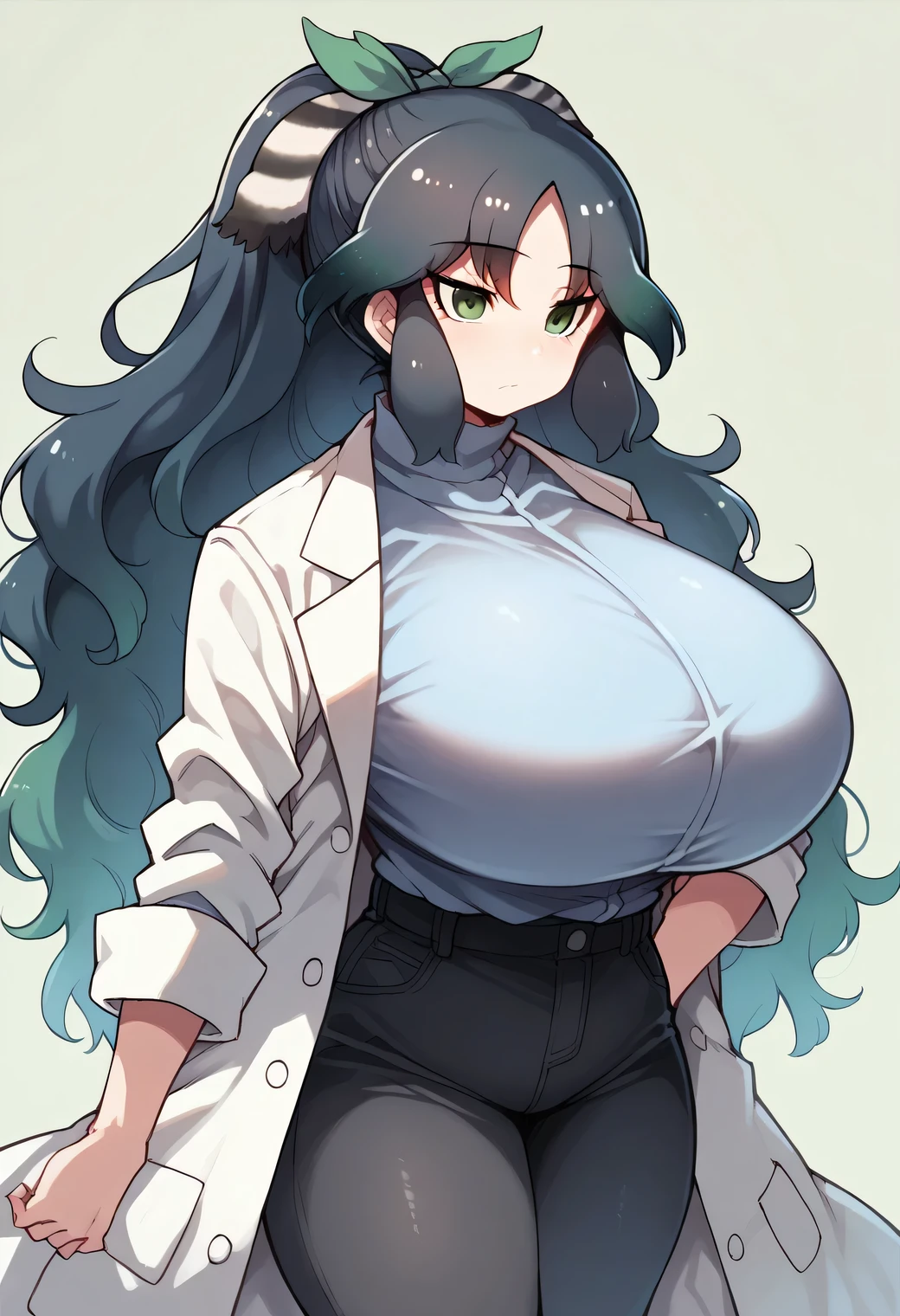 Kemono Friends, Kako, Wavy hair, long black hair with a strong blue tint, tied in a ponytail with a ribbon, the ends of the hair are a light green gradient, a light gray shirt, black pants, a white coat, (huge breasts)