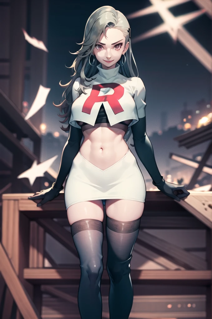 Team rocket, team rocket uniform, red letter R, white skirt,white crop top,black thigh-high boots, black elbow gloves, evil smile, night sky background, earrings, large breasts, high-heeled boots, 2 girls, 2 girls