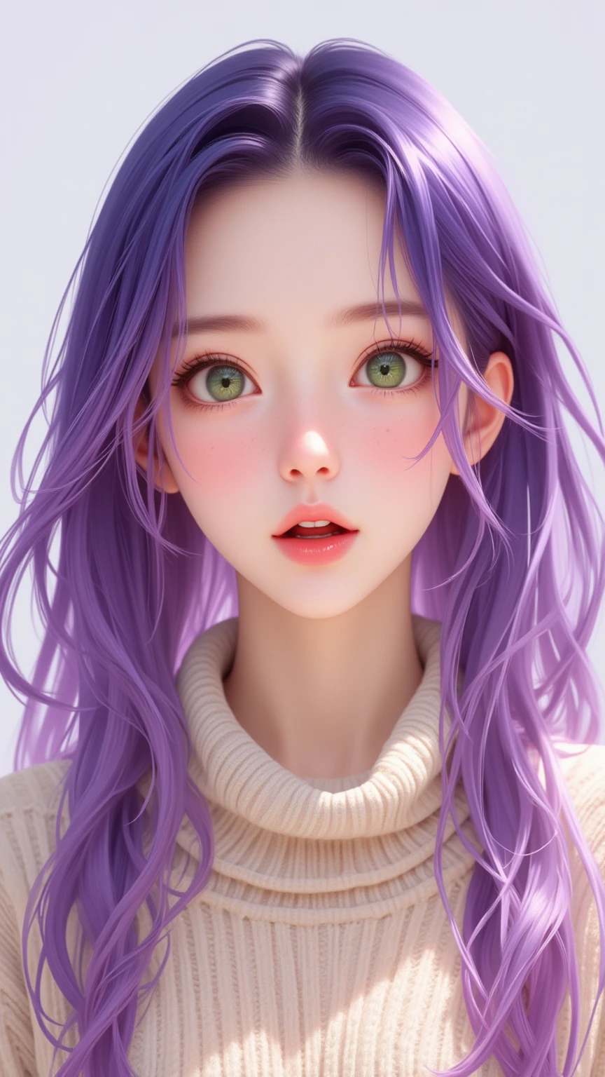 (masterpiece, highres, high resolution:1.2), anime 20 yo girl, portrait, shoulders up, illustration. drawn, violet hair woman, green eyes, blushing, solo, surprised, freckles, big lips,  perfect body, ((turtleneck sweater)), no hands.