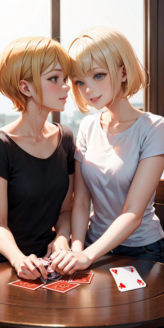 Anime 2 people mother and daughter blonde short hair smiling looking sexy looking with white t-shirt sitting and holding playing cards at the table