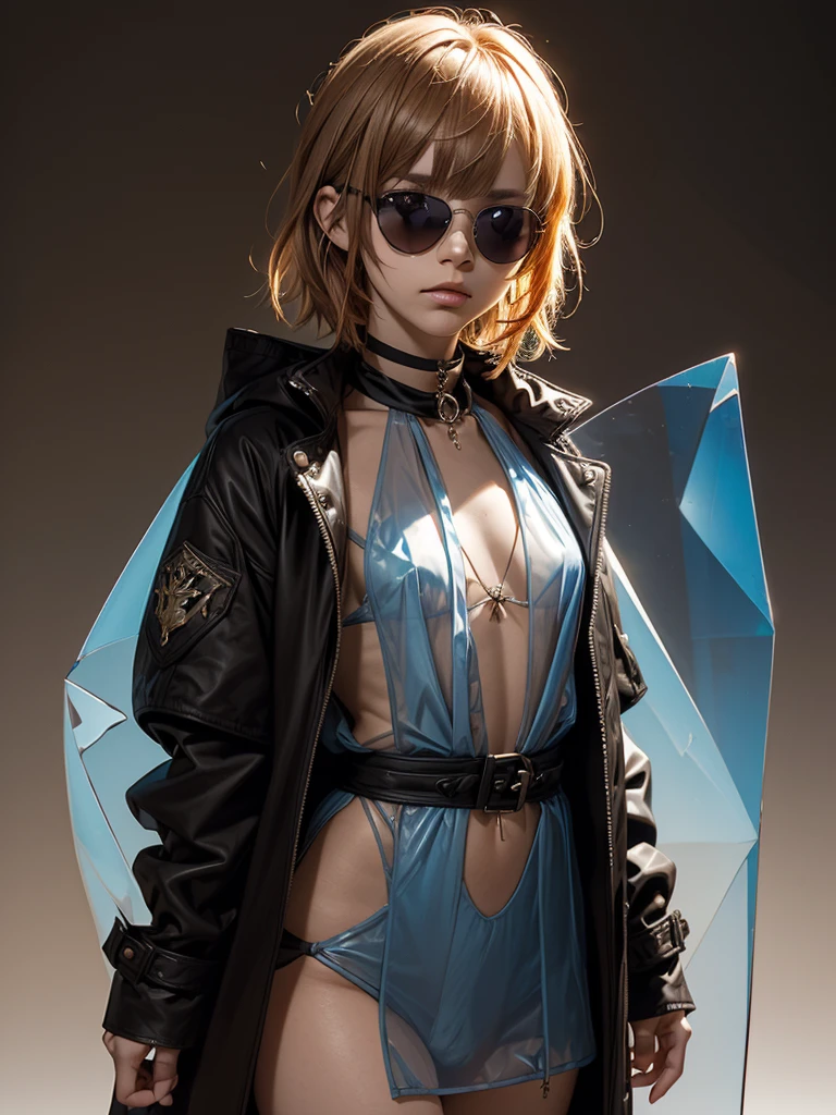 (((Shelke, Shelke_Rui, Shelke the transparent))), final fantasy dirge of cerberus, 1girl, (short brown hair), blunt bangs, black aviators, sunglasses, hacker outfit, long coat, blue white tan colors, cowboy shot, flat background, (((blank_background)))