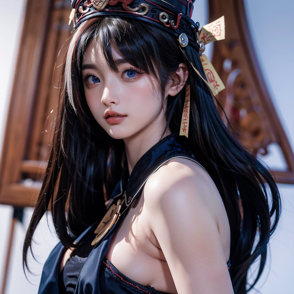 (qing guanmao:1.3),Hat,(red gemstone:1.2),white background,simple background,(gem:1.2),hwah jah,(streaked hair:1.4),floating paper,(multicolored hair:1.3),(blue eyes:1.2),bare shoulders,, best quality , masterpiece, illustration, an extremely delicate and beautiful, extremely detailed ,CG,unity,8k wallpaper, Amazing, finely detail, masterpiece, best quality,official art,extremely detailed CG unity 8k wallpaper,absurdres, incredibly absurdres, huge filesize , ultra-detailed, highres, extremely detailed,beautiful detailed girl, extremely detailed eyes and face, beautiful detailed eyes,light on face，（((thin))（((thin))（((thin))）(((Thong))),Almost naked