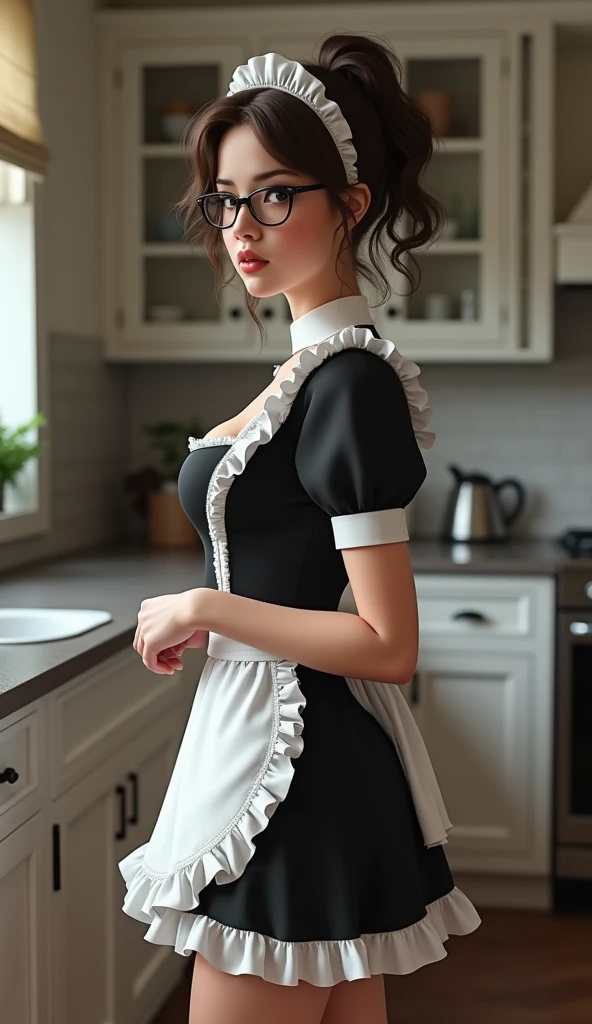 (hyperrealistic), (illustration), (high resolution), (8K), (extremely detailed), (best illustration), (beautiful detailed eyes), (best quality), (super detailed), (masterpiece), (wallpaper), (detailed face), solo, (dynamic pose), 1 girl, white wavy hair in the kitchen, korean, heterochromic eyes, small moles under the eyes, ((apron)), big breasts, long legs, tightens abs, (camel toes), (black stockings), (no panties), (no bra)
