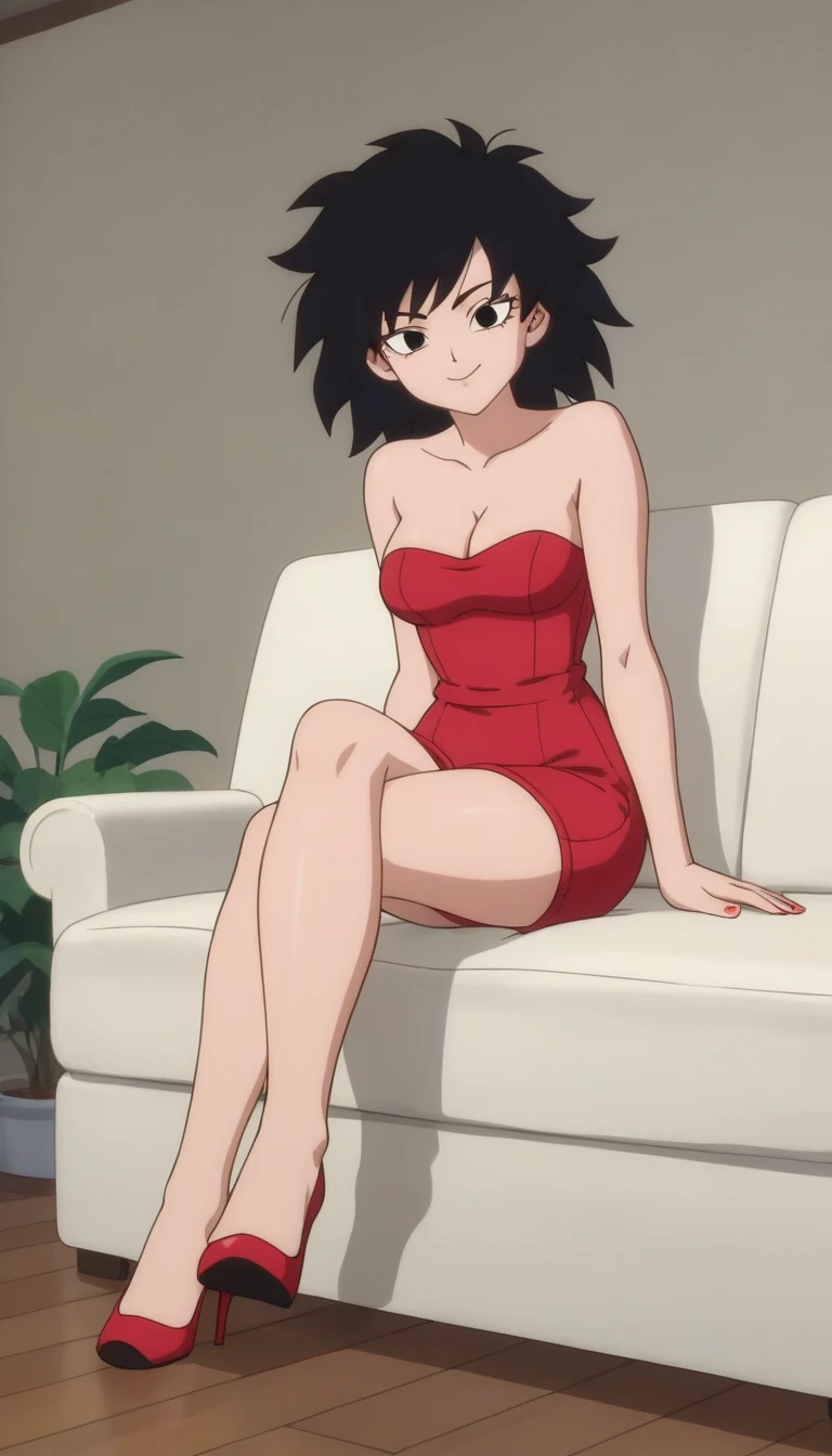 source_anime, score_9, score_8_up, score_7_up, anime screencap, absurd res, official style, gine, 1girl, solo, black hair, black eyes, closed mouth, pelo aguamarina, bare shoulders, strapless, medium breast, a strapless black tube dress, cleavage, sitting on a sofa, full body, bare legs with red heels, smile, looking at viewers
