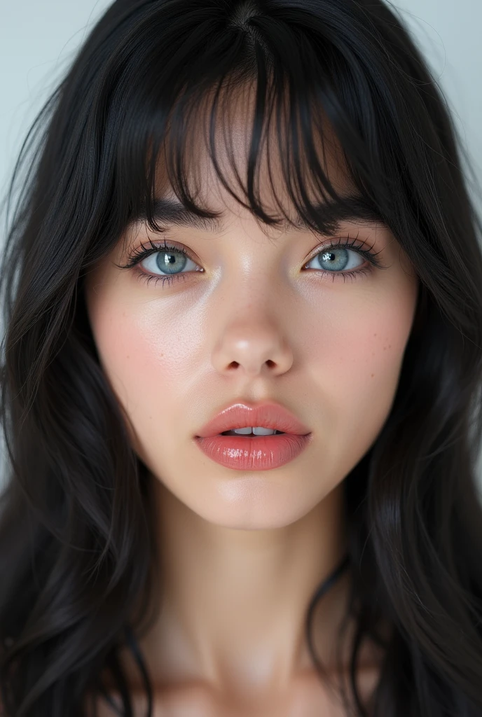 ((Extremely realistic)), ( super real), generate a highly realistic image, white backdrop,,-yeld fee,high school student、black long hair, I'm hiding my forehead with bangs,blue eyes,Long False Eyelashes,Thick lips,Clear eyeliner、,Moisturized lips smudged with clear lip balm、 Open the center of your lips、extremely detailed lips, large mouth, full, plump,  lip balm to make your lips shiny and shiny、淡いpink lips, transparent lip gloss,cute bra tank top