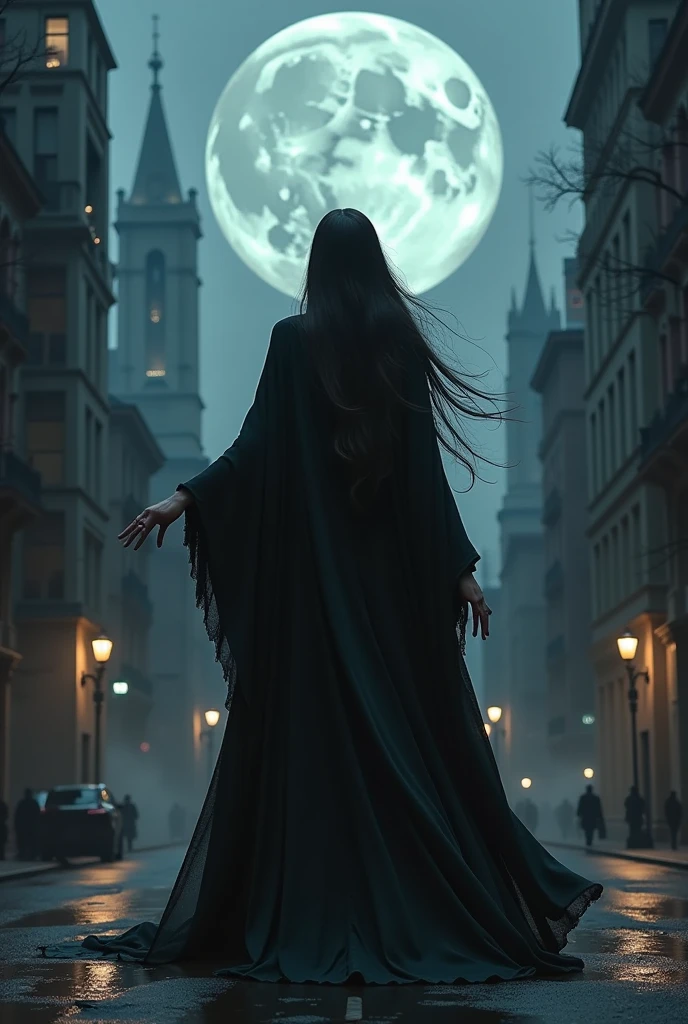 a multi layer photorealistic images of dark city scrapers in the dark moon, an image of terrifying gigantic black shadow hand with long nails and a stunning witch in long black cloak with long flowing hair floating in the middle of the air