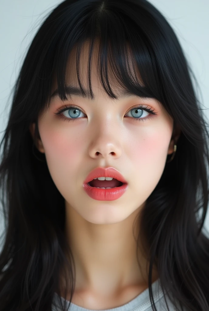 ((Extremely realistic)), ( super real), generate a highly realistic image, white backdrop,,15-year-old female,high school student、black long hair, I'm hiding my forehead with bangs,blue eyes,Long False Eyelashes,Thick lips,Clear eyeliner、,Moisturized lips smudged with clear lip balm、 Open the center of your lips、extremely detailed lips, large mouth, full, plump,  lip balm to make your lips shiny and shiny、淡いpink lips, transparent lip gloss,cute bra tank top