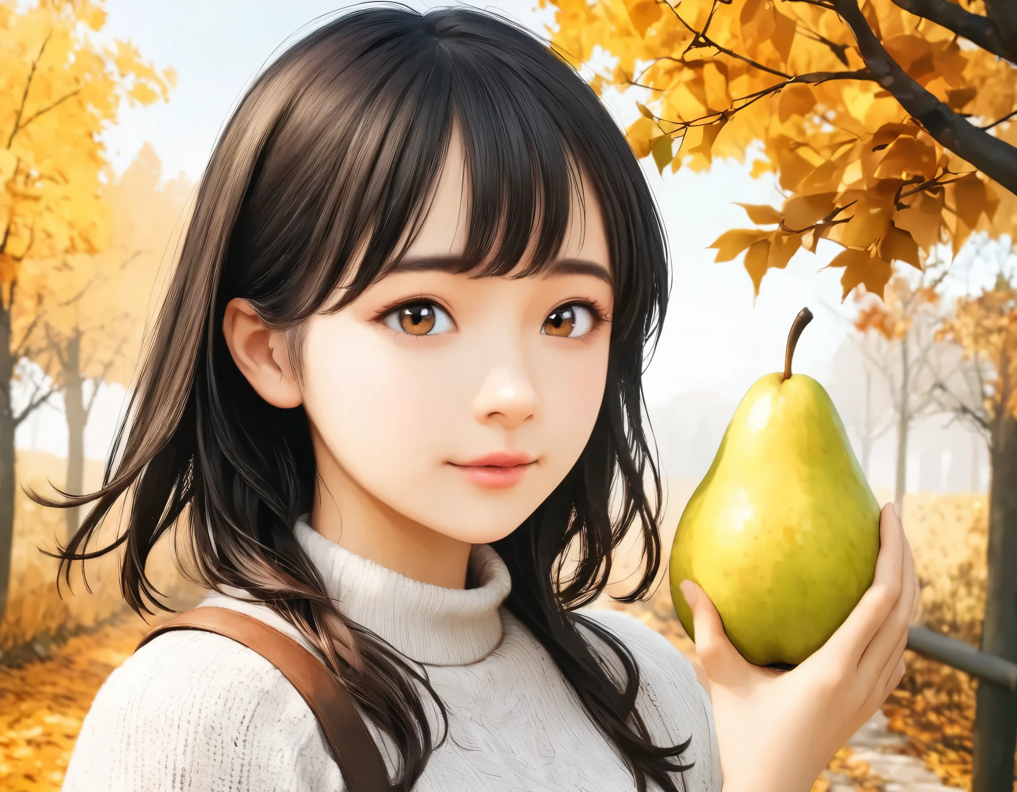 (best quality, 8k, high resolution:1.2), 1girl, pear, autumn, upper body