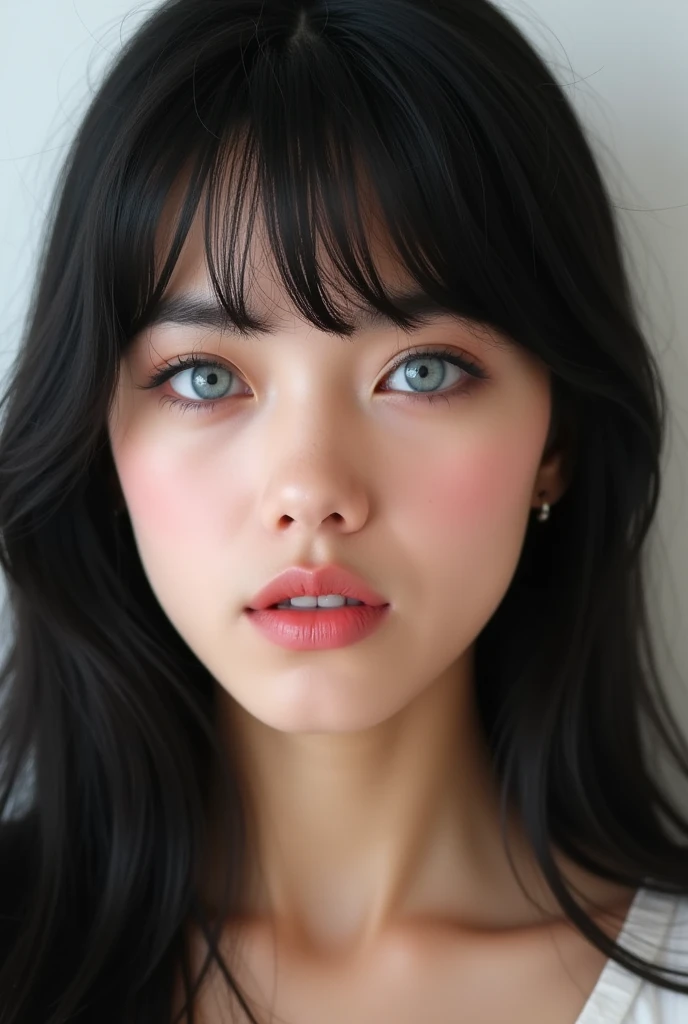 ((Extremely realistic)), ( super real), generate a highly realistic image, white backdrop,,15-year-old female,high school student、black long hair, I'm hiding my forehead with bangs,blue eyes,Long False Eyelashes,Thick lips,Clear eyeliner、,Moisturized lips smudged with clear lip balm、 Open the center of your lips、extremely detailed lips, large mouth, full, plump,  lip balm to make your lips shiny and shiny、淡いpink lips, transparent lip gloss,cute bra tank top