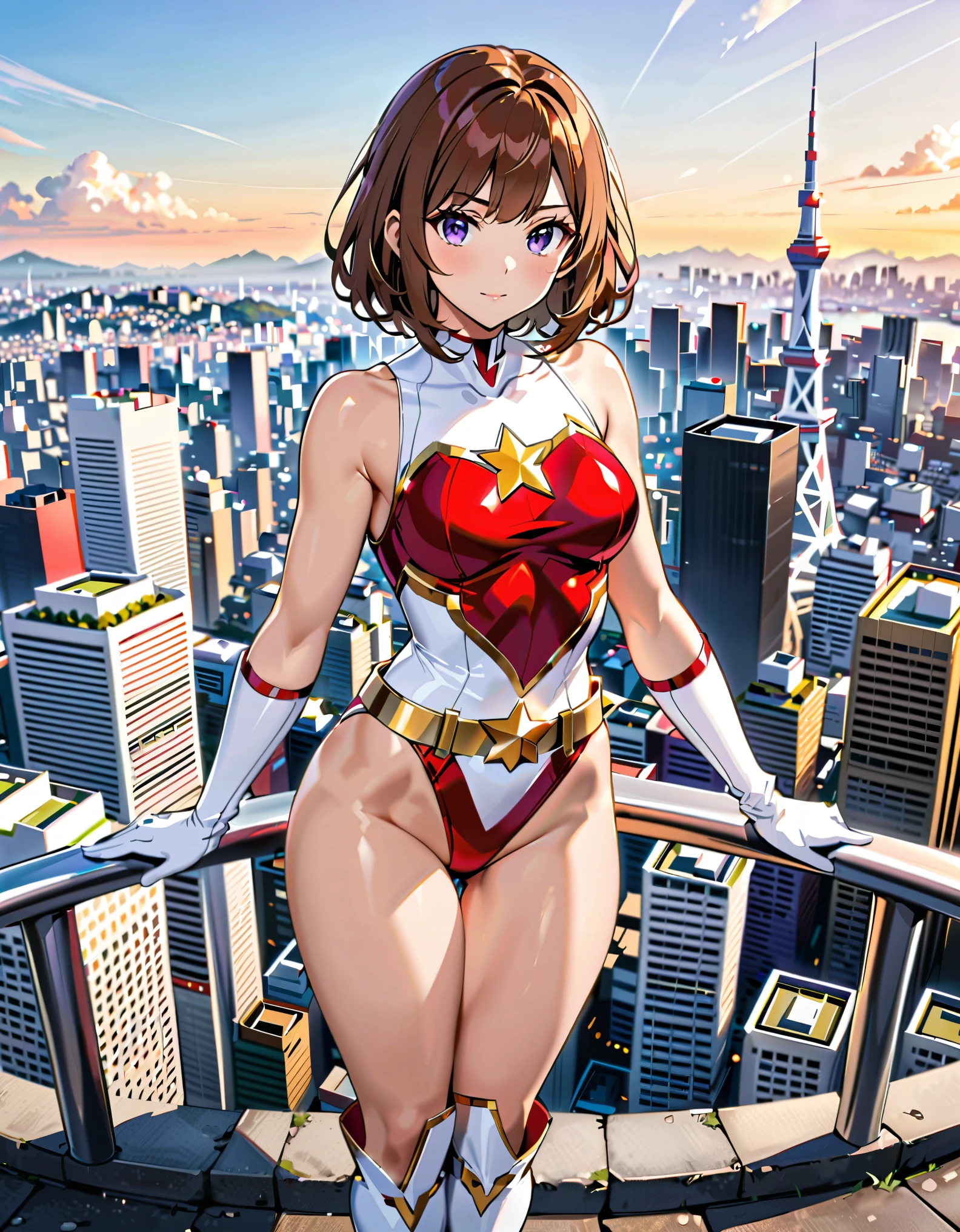 (masterpiece), (best quality), (high res), medium breasts, ((leotard, white and red leotard, matching leotard, sleeveless, bare legs)), ((tight belt, gold belt)), ((boots, matching boots, ankle-high boots, white boots)), ((gloves, white gloves)), city backdrop, tokyo city backdrop, solo, single, floating, hovering, legs straight, (full body), cowboy shot, superhero, ((beautiful detailed eyes)), ((gold star symbol on chest)), (brown hair, medium hair, bob hair, purple eyes), (perfect hands, perfect anatomy), cowboy shot, superhero, ((beautiful detailed eyes)), using her powers, full body costume design.