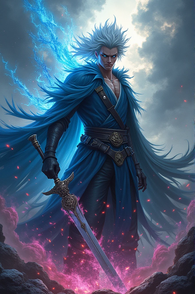 Young Sorcerer of the Cursed Blade, White-haired and muscular