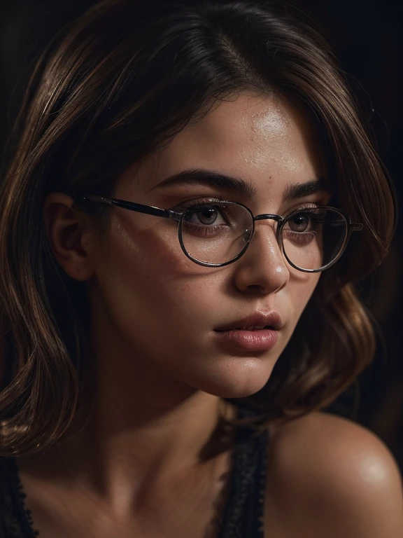 In this breathtaking cinematic image, a mid-twenties girl with short, wavy red hair, donning glasses, is captured in an moment of self-realization. The wind whips her hair around her face, while the flickering flames behind her add an intense, aesthetic quality to the scene. The detail in this super-detailed image is astonishing, each strand of her hair and the intricate patterns on her glasses showcased in high definition. Her eyes, intense and powerful, reflect a strong feeling of self-realization, with intense eye details that could be straight out of an anime series. The flames, casting an orange glow on her face, enhance the intense power emanating from