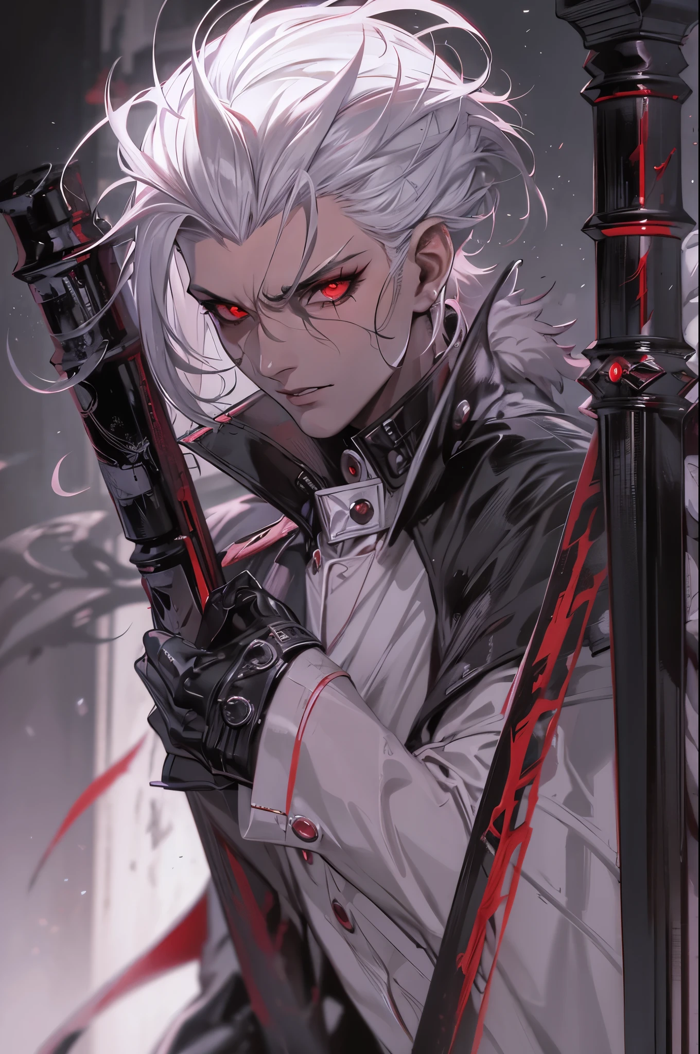 (masterpiece:1.2),(best quality:1.2),(masterpiece, best quality, ultra-high resolution), (Male character), White-haired Sith Master. Long white hair, bright yellow and malevolent eyes, pale skin with marked scars, black tunic with hood, red and metallic details on clothing, red lightsaber.