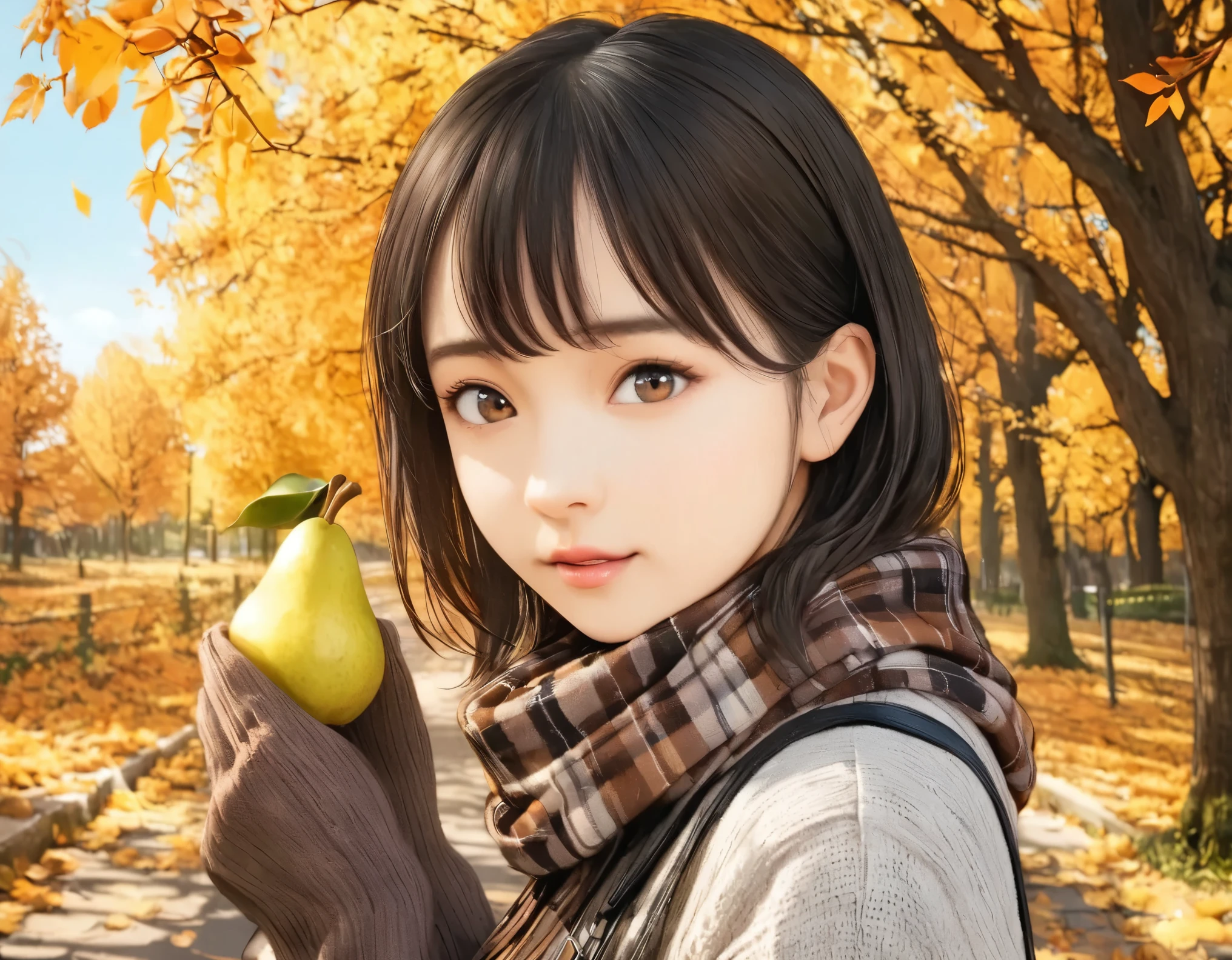 (best quality, 8k, high resolution:1.2), 1girl, pear, autumn, upper body