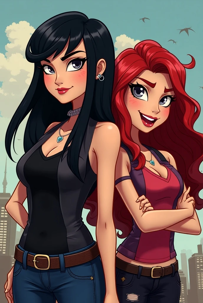 Teen Titans cartoon characters Raven and Starfire wearing denim daisy dukes shorts, tube tops and platform buckled sandals
