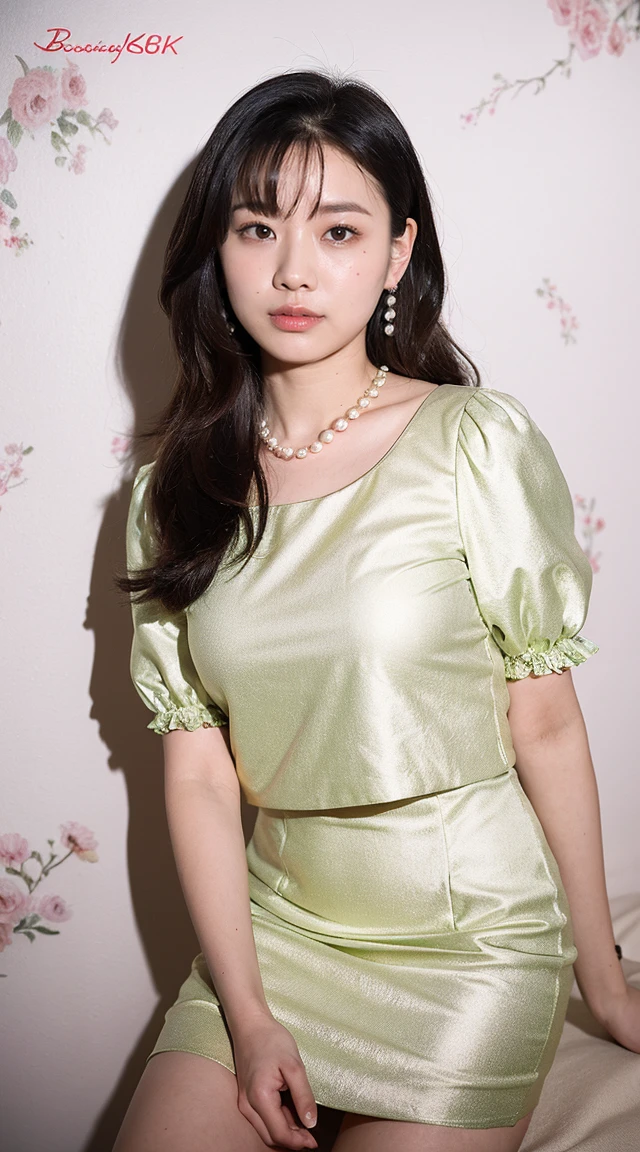 ((Best Quality, 8k,  Portrait Photography : 1.3)), (Viewer Display),  Transparent ,  Sharp focus, 1girl, medium long hair , pearl necklace 、 pearl earrings 、 Accentuate your bust, medium breast,(mini skirt casual dress)，30 years old、Floral background