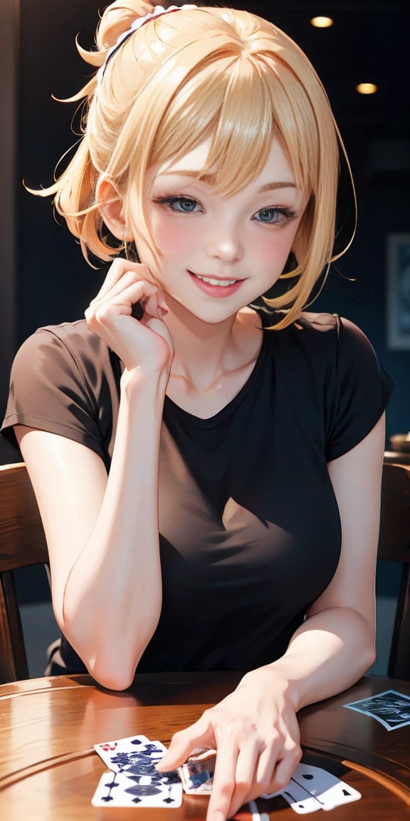 anime,  mature woman, milf, sorlaughing, smiling, laughing, happy, happy, blonde, short hair tied back , hair tied up, sexy look, light gray t-shirt,  sitting and holding playing cards at the table