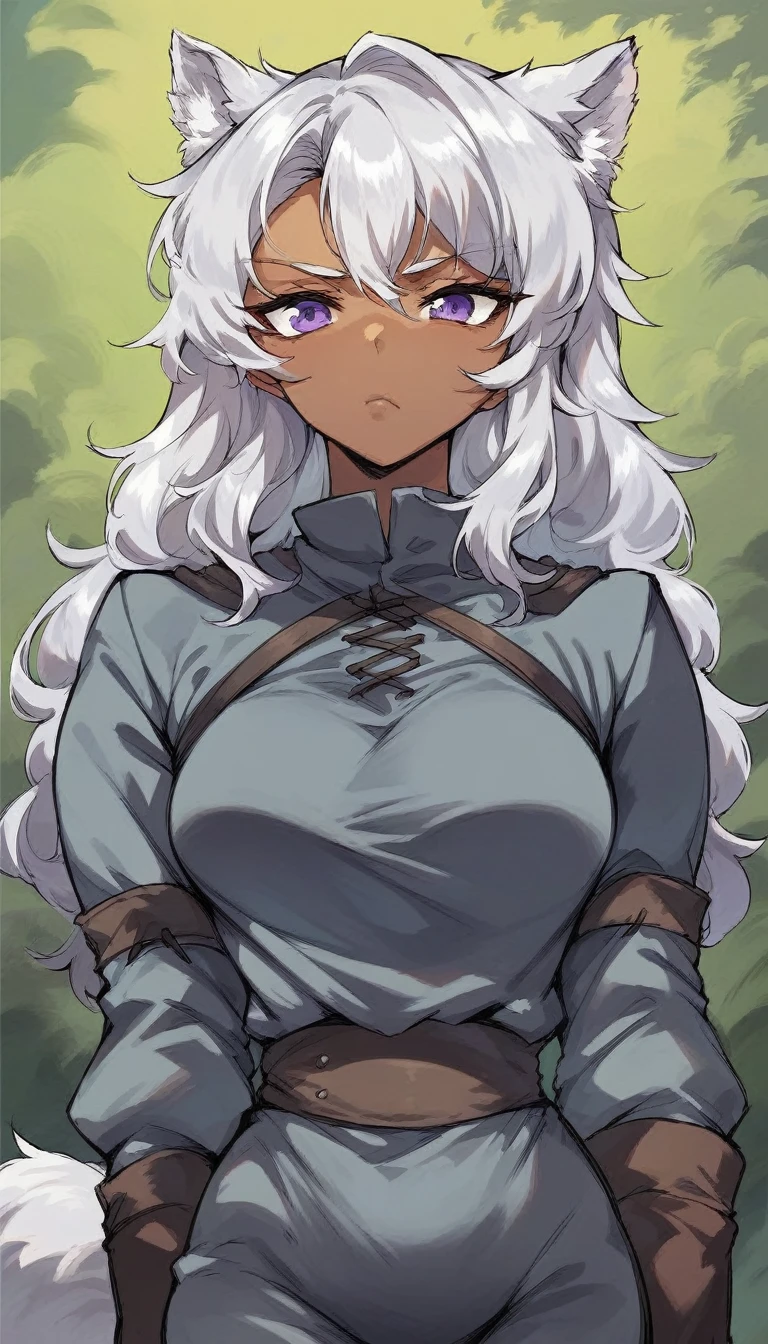 Solo, score_9, score_8_up, score_7_up, wolf girl, long wavy silver hair, dark skin, fluffy tail, defined tummy, medium breasts, purple eyes, serious face expression, wearing only a gray cropped medieval style tight-fitting leather tunic, showing her belly, standing, whole body.