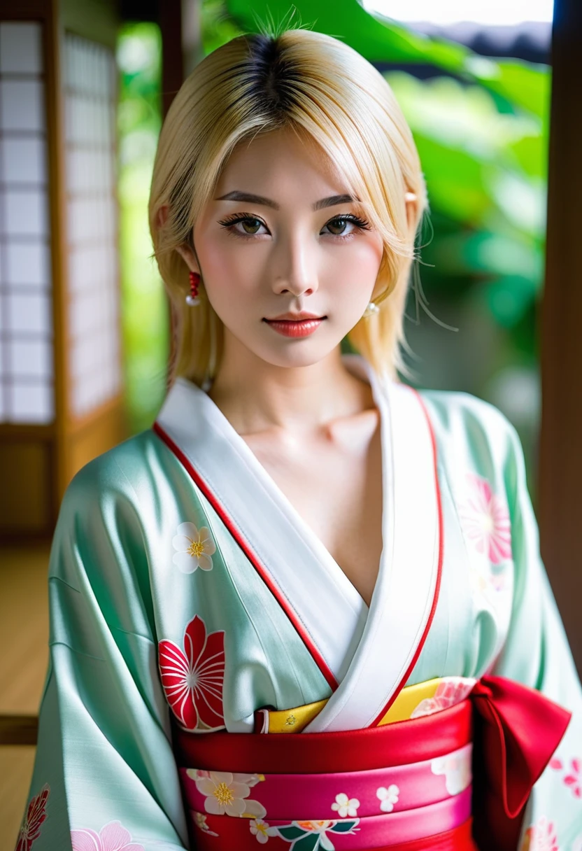 Tsunade, a japanese woman, big breast, blond hair, wearing green japanese robe