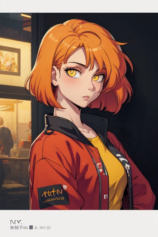 (Style by nty:1.4), (high quality、​first work:1.2) [1mulher, detailed oil portraiture art of a character,  loose oil paint , Thick paint, portrait,  video game character art , female, black background, splendid,  perfect artwork , Cut Blunt Bob , street clothes,  yellow dyed red on the tips,  yellow eyes red hair  
