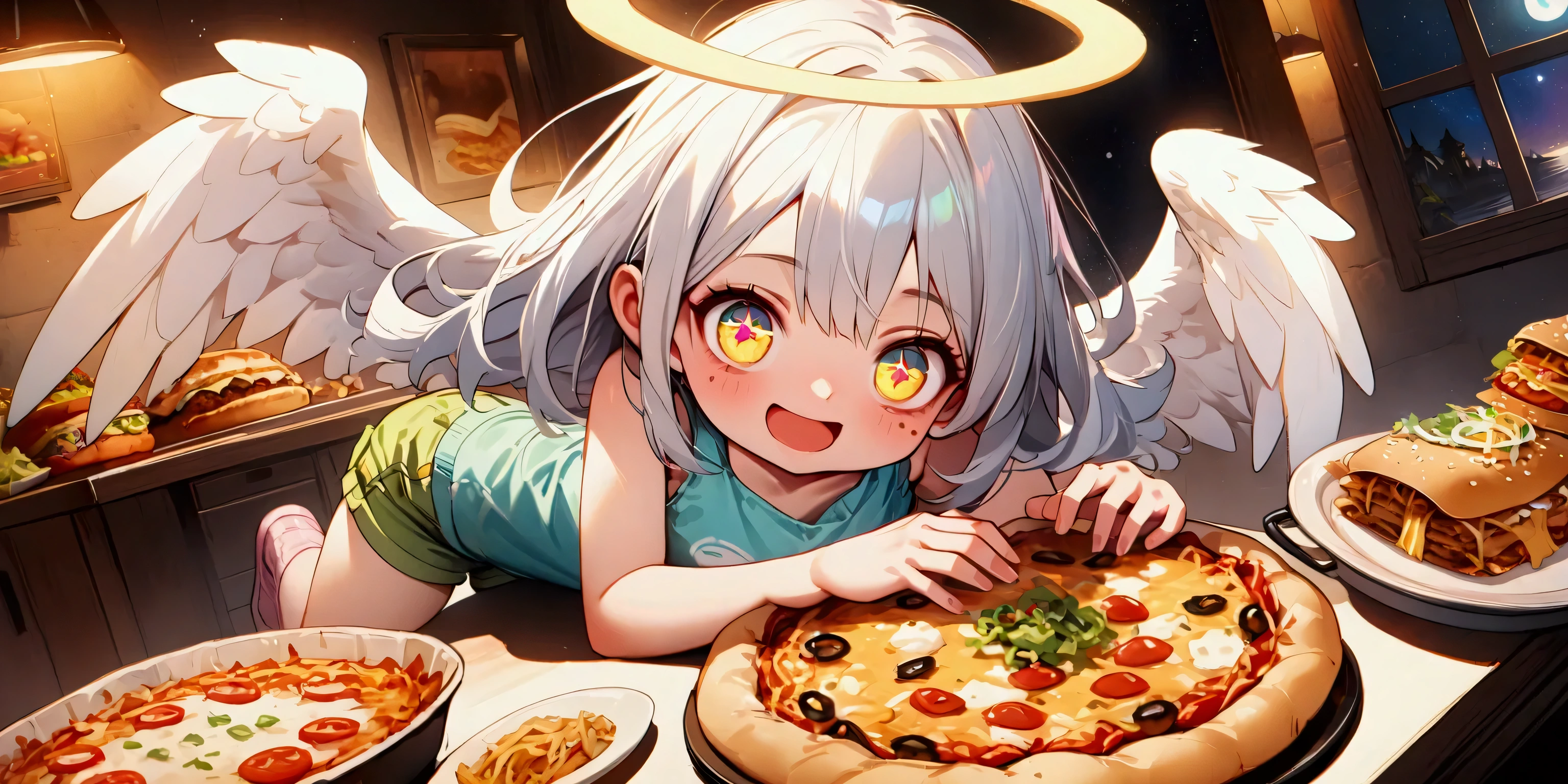 1girl\(angel,silver hair,shining hair, long hair, floating hair, cosmic eyes, big eyes,many stars in eyes, beautiful, cute, shiny body, (big white wings), glowing halo\(angel ring\), dark bag under eyes,geek,freckles, tank top\(geek-anime-printed\), green short shorts, big smile,open mouth, surprised, cute pose,(far away from viewer)\) , many beautiful junk foods\(pizza, humberger, lasagna, Coca-Cola, tacos, hot-dog, many shining effects\) on the table, BREAK ,background\(trippy colorful shines, simple,happy mood\), BREAK ,quality\(8k,wallpaper of extremely detailed CG unit, high resolution, top-quality, top-quality real texture skin, hyper realistic, increase the resolution, RAW photos, best quality, highly detailed, the wallpaper,golden ratio,high saturation realism, vibrant colors, dramatic lighting, persuasive storytelling, atmospheric scenery, captivating visuals, intricate details, strong emotions,dreamlike world\),(from above), (focus at foods),(dynamic angle:1.3)