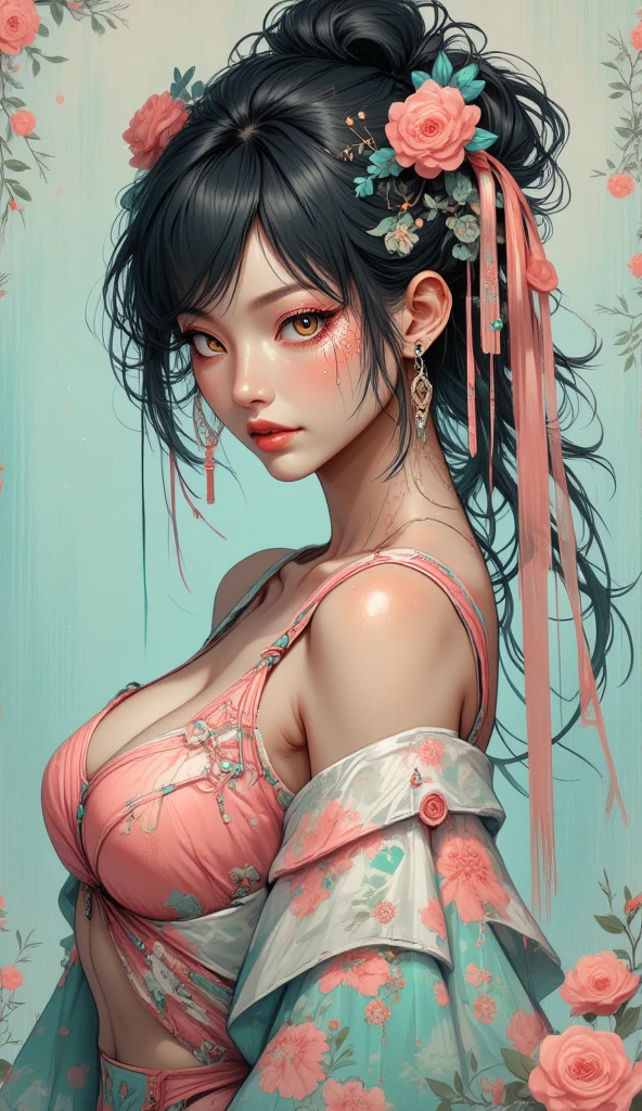 young japanese virgin killer, big breasts, cleavage, pastel color palette, 