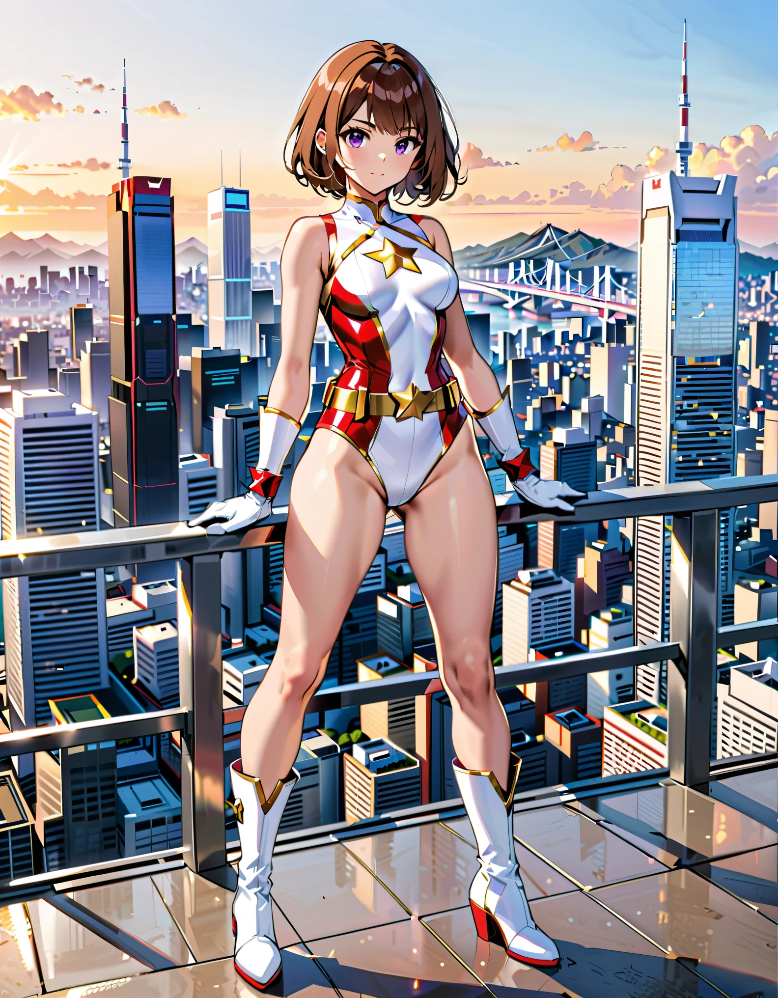 (masterpiece:1.2, best quality, high res, 4k, 8k), medium breasts, finger proportions coordination, cute and attractive woman, ((leotard, white and red leotard:1.2, sleeveless, bare legs)), ((tight belt:1.2, gold belt:1.2)), ((boots, matching boots, ankle-high boots, white boots)), ((gloves, white gloves)), city backdrop, tokyo city backdrop, solo, solo focus, standing, (full body), cowboy shot, superhero, ((beautiful detailed eyes)), ((gold star symbol on chest)), (brown hair, medium hair, bob hair, purple eyes), (perfect hands, perfect anatomy), cowboy shot, superhero, ((beautiful detailed eyes)), full body costume design. fix hands.