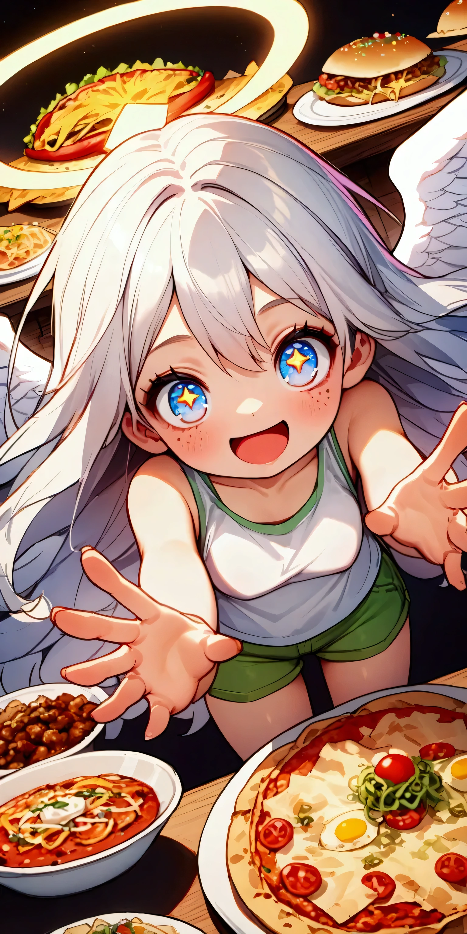 1girl\(angel,silver hair,shining hair, long hair, floating hair, cosmic eyes, big eyes,many stars in eyes, beautiful, cute, shiny body, (big white wings), glowing halo\(angel ring\), dark bag under eyes,geek,freckles, tank top\(geek-anime-printed\), green short shorts, big smile,open mouth, surprised, cute pose,(far away from viewer)\) , many beautiful junk foods\(pizza, humberger, lasagna, Coca-Cola, tacos, hot-dog, many shining effects\) on the table, BREAK ,background\(trippy colorful shines, simple,happy mood\), BREAK ,quality\(8k,wallpaper of extremely detailed CG unit, high resolution, top-quality, top-quality real texture skin, hyper realistic, increase the resolution, RAW photos, best quality, highly detailed, the wallpaper,golden ratio,high saturation realism, vibrant colors, dramatic lighting, persuasive storytelling, atmospheric scenery, captivating visuals, intricate details, strong emotions,dreamlike world\),(from above), (focus at foods),(dynamic angle:1.3)