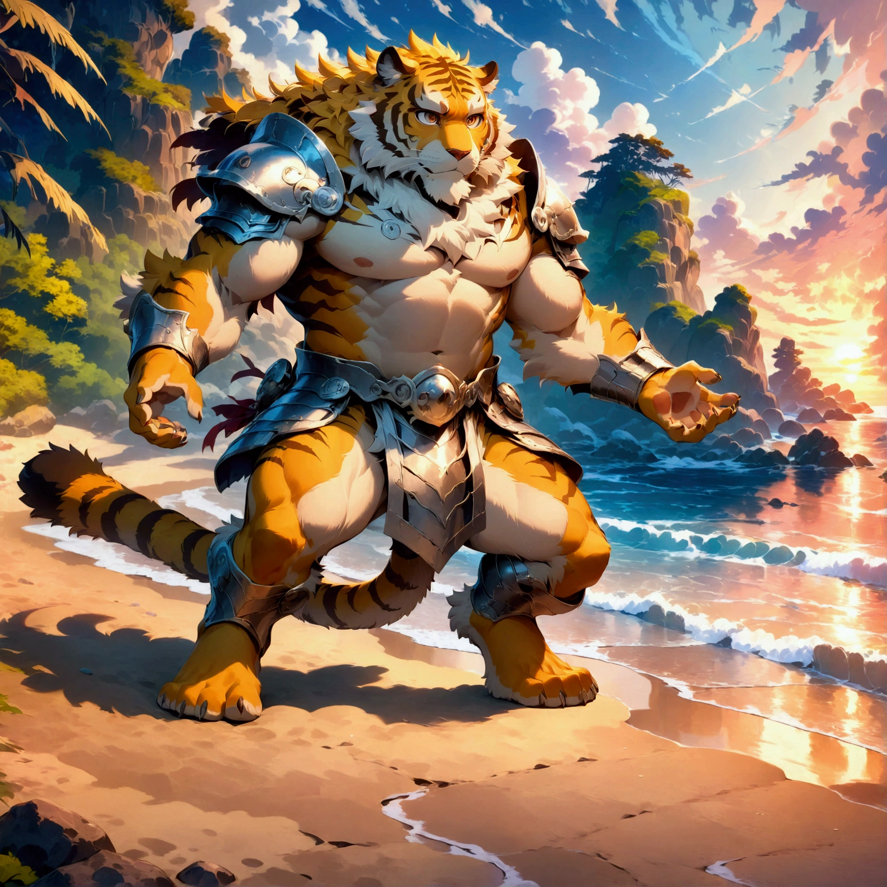 character focus, full body, looking away, various angle, european fantasy, a plump middle-aged tiger man, clothed, heroic costume, armor, pants, dynamic pose, BREAK complete anatomy, perfect proportions, beautiful thigh gap, fluffy body, intricate fur details, beautiful fur texture, BREAK a detailed tiger tail, detailed boots, detailed foot, detailed hands, 5fingers, 5fingers nails, BREAK aesthetic anime face, insanity detailed face, male face, big face, square jawline, aesthetic anime eyes, detailed brown eyes, detailed brown cornea, detailed dark brown irises, detailed pupils, male eyes, big eyes, male eyebrows, innocent look, beautiful beard, BREAK full body in Michelangelo Buonarroti style, digital illustration anime, housamo style, detailed painting landscape, beach, path, outdoor, full color, HDR, BREAK masterpiece, official art, best quality, very aesthetic, absurdres, super fine illustration, great quality, BREAK noise reduction, very highres, large filesize, high quality, 32K, 8k wallpaper, dynamic lighting, BREAK insanity detailed, ultra detailed, intricate details, extremely detailed, detailed texture, an extremely delicate and beautiful, BREAK osukemo, e621 illustration, Fur Affinity illustration, kemohomo, anthropomorphic, furry, cartoon, harmonious body, pastoral face, virtuous eyes, epic atmosphere