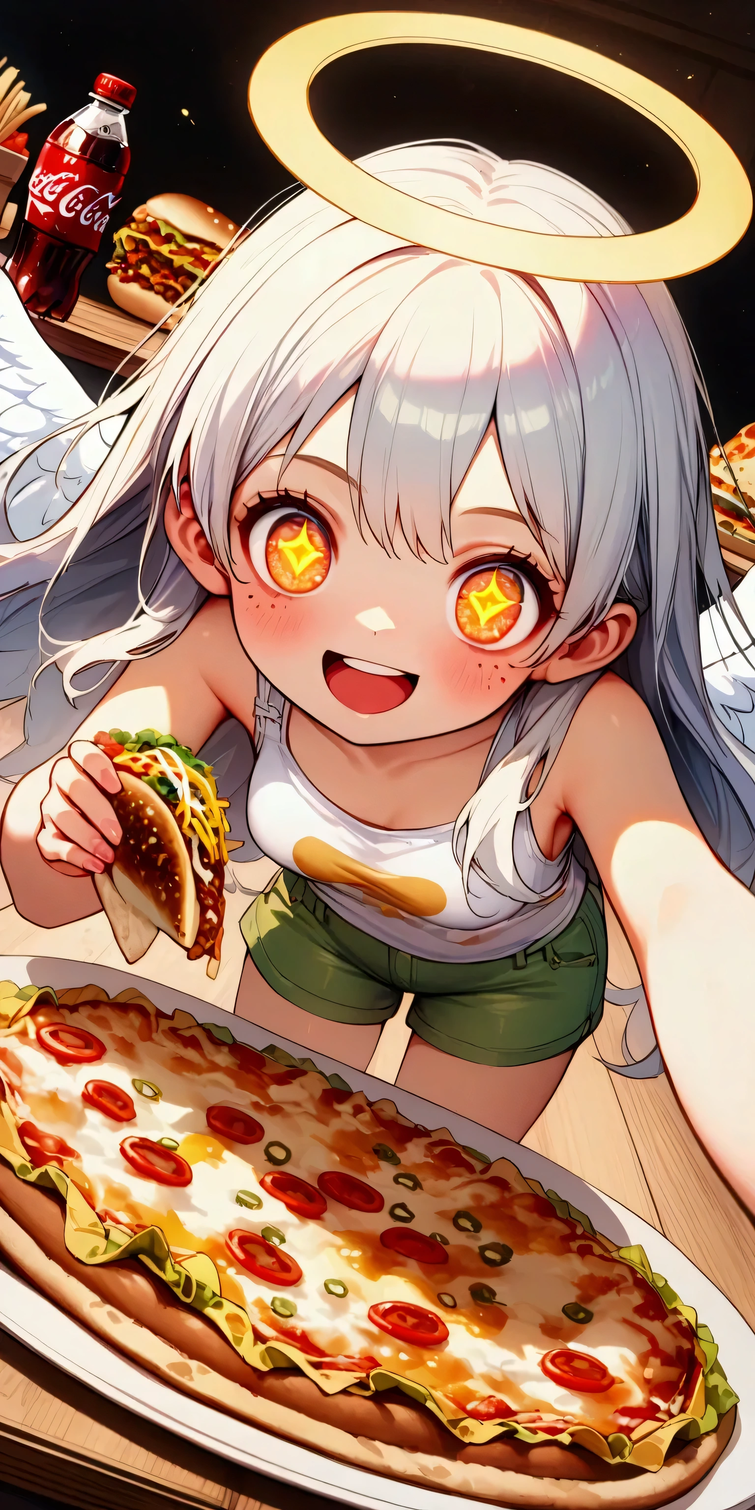 1girl\(angel,silver hair,shining hair, long hair, floating hair, cosmic eyes, big eyes,many stars in eyes, beautiful, cute, shiny body, (big white wings), glowing halo\(angel ring\), dark bag under eyes,geek,freckles, tank top\(geek-anime-printed\), green short shorts, big smile,open mouth, surprised, cute pose,(far away from viewer)\) , many beautiful junk foods\(pizza, humberger, lasagna, Coca-Cola, tacos, hot-dog, many shining effects\) on the table, BREAK ,background\(trippy colorful shines, simple,happy mood\), BREAK ,quality\(8k,wallpaper of extremely detailed CG unit, high resolution, top-quality, top-quality real texture skin, hyper realistic, increase the resolution, RAW photos, best quality, highly detailed, the wallpaper,golden ratio,high saturation realism, vibrant colors, dramatic lighting, persuasive storytelling, atmospheric scenery, captivating visuals, intricate details, strong emotions,dreamlike world\),(from above), (focus at foods),(dynamic angle:1.3)