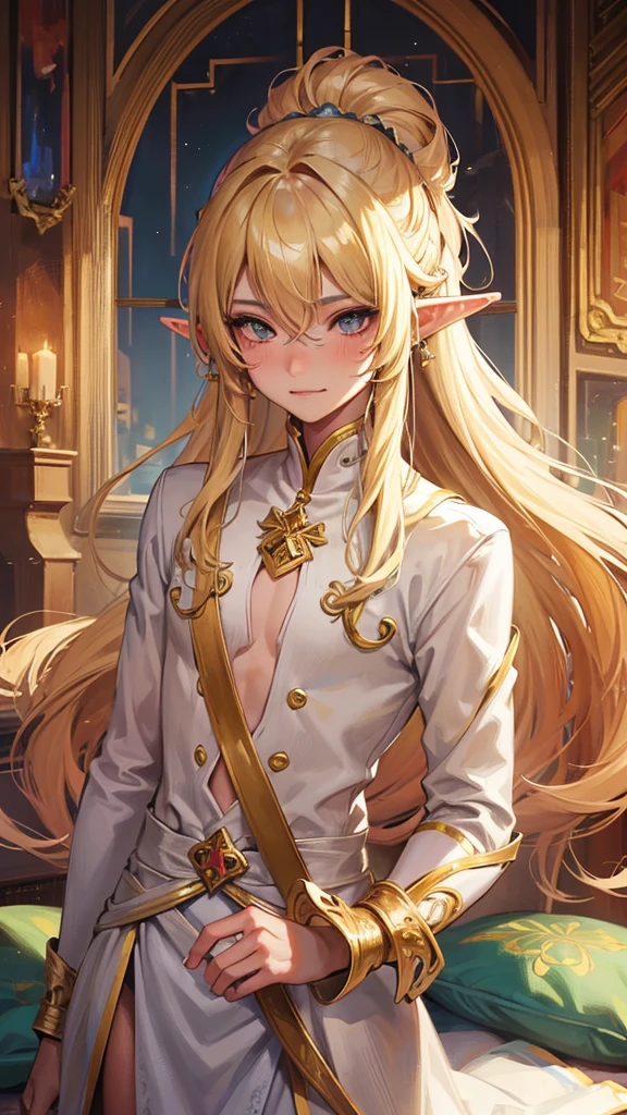 man, masculine, attractive, muscular, ((1man)), masterpiece, absurdres, best quality ,intricate details , (shiny skin, shiny body, shiny oily luster skin, shiny hair, pale skintone), old castle, Sundown, attractive, ((muscular)), adult, one, tattoo ,white blouse, earrings, brown pants, Don't look at the view , Not looking at the view, blonde very long hair, perfect detailed face, perfect detailed hands