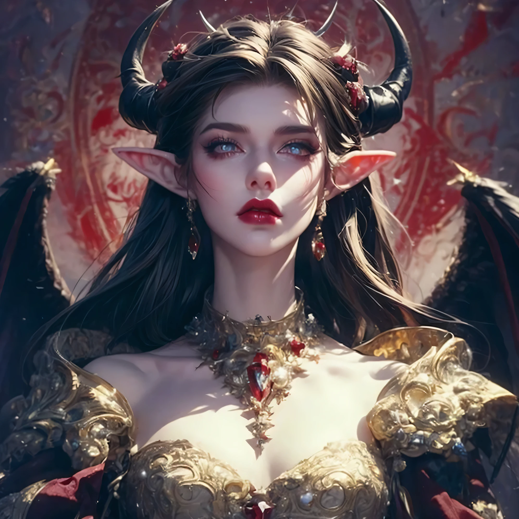 ((Masterpiece)),((detailed)),((blood red background)), satanic,occultist, priestess, ((beautifully detailed women)), long black hair, clear skin, soft skin, perfect skin, detailed pointed elf ears, demon tail, demon horns, black textured horns, detailed eyes, white iris, white pupil, long black eye lashes, all white eyes, detailed lips, black lips, black lipstick, floating in air, ((power swirls around body)), magic particles around body.