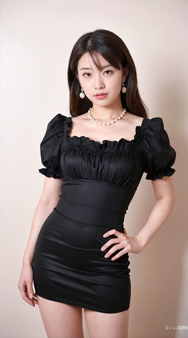 ((Best Quality, 8k,  Portrait Photography : 1.3)), (Viewer Display),  Transparent ,  Sharp focus, 1girl, medium long hair , pearl necklace 、 pearl earrings 、 Accentuate your bust, medium breast,(mini skirt casual dress)，30 years old、Floral background