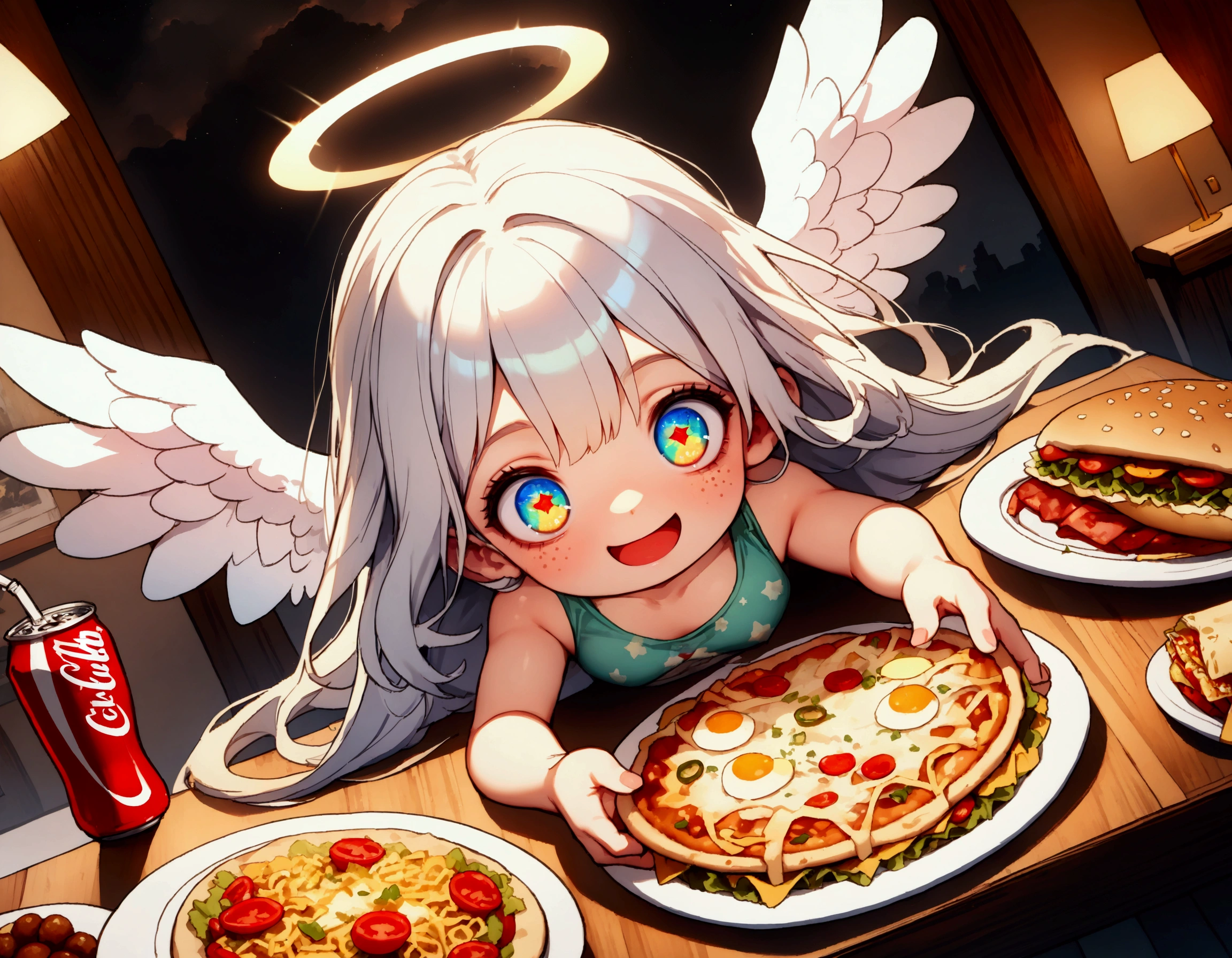 1girl\(angel,silver hair,shining hair, long hair, floating hair, cosmic eyes, big eyes,many stars in eyes, beautiful, cute, shiny body, (big white wings), glowing halo\(angel ring\), dark bag under eyes,geek,freckles, tank top\(geek-anime-printed\), green short shorts, big smile,open mouth, surprised, cute pose,(far away from viewer)\) , many beautiful junk foods\(pizza, humberger, lasagna, Coca-Cola, tacos, hot-dog, many shining effects\) on the table, BREAK ,background\(trippy colorful shines, simple,happy mood\), BREAK ,quality\(8k,wallpaper of extremely detailed CG unit, high resolution, top-quality, top-quality real texture skin, hyper realistic, increase the resolution, RAW photos, best quality, highly detailed, the wallpaper,golden ratio,high saturation realism, vibrant colors, dramatic lighting, persuasive storytelling, atmospheric scenery, captivating visuals, intricate details, strong emotions,dreamlike world\),(from above), (focus at foods),(dynamic angle:1.3)