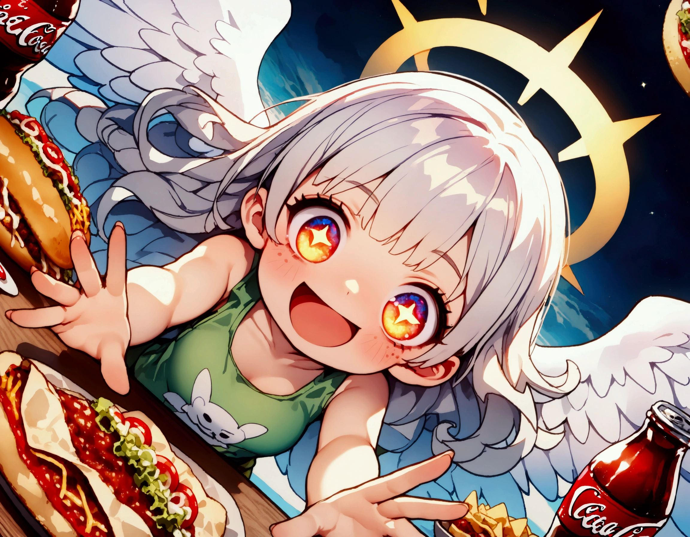 1girl\(angel,silver hair,shining hair, long hair, floating hair, cosmic eyes, big eyes,many stars in eyes, beautiful, cute, shiny body, (big white wings), glowing halo\(angel ring\), dark bag under eyes,geek,freckles, tank top\(geek-anime-printed\), green short shorts, big smile,open mouth, surprised, cute pose,(far away from viewer)\) , many beautiful junk foods\(pizza, humberger, lasagna, Coca-Cola, tacos, hot-dog, many shining effects\) on the table, BREAK ,background\(trippy colorful shines, simple,happy mood\), BREAK ,quality\(8k,wallpaper of extremely detailed CG unit, high resolution, top-quality, top-quality real texture skin, hyper realistic, increase the resolution, RAW photos, best quality, highly detailed, the wallpaper,golden ratio,high saturation realism, vibrant colors, dramatic lighting, persuasive storytelling, atmospheric scenery, captivating visuals, intricate details, strong emotions,dreamlike world\),(from above), (focus at foods),(dynamic angle:1.3)