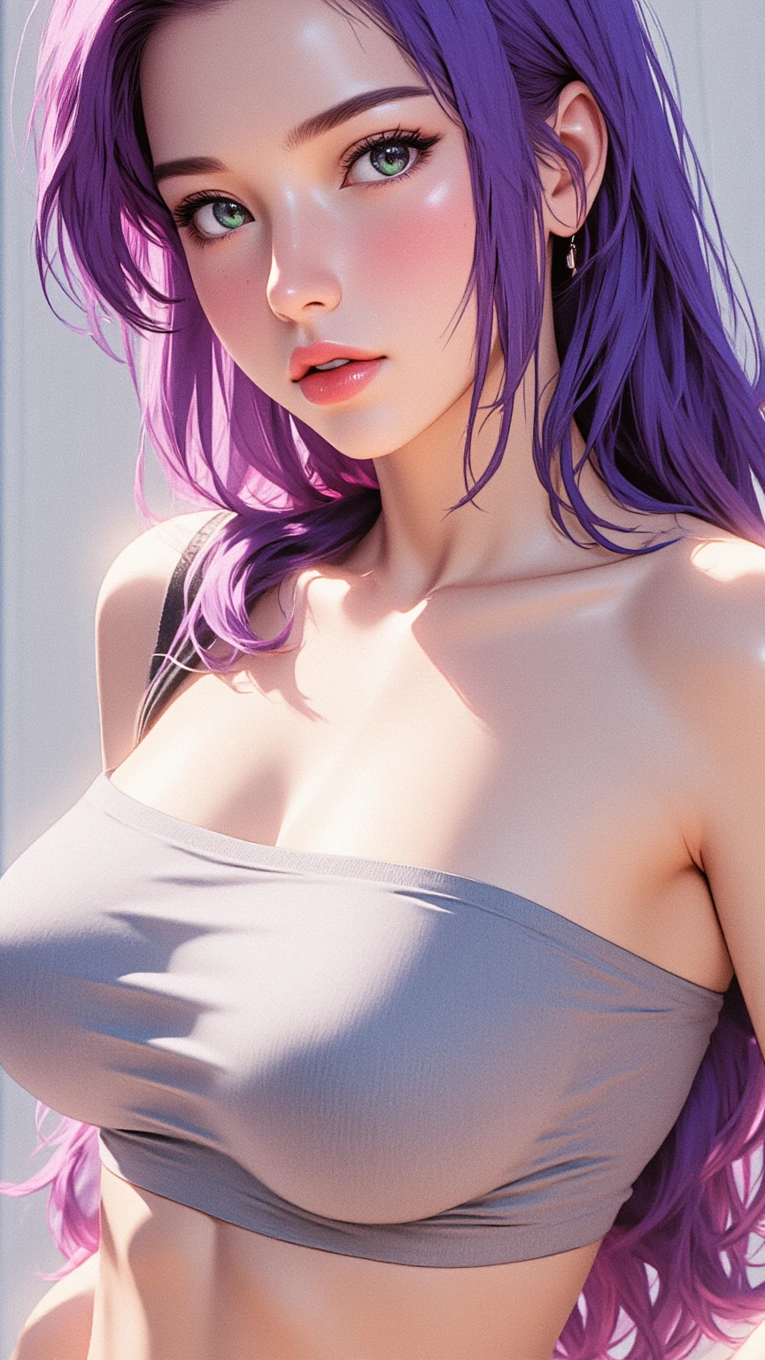 masterpiece, 最high quality, 1 girl, beautiful girl, (18-year-old:1.2), very good eye clarity, (NSFW:1.5), (Steam on the body:1.3), (big breasts: 1.2), purple hair,studio lighting, Medium chest, ((erect nipples)), thin waist, (((wet body、 wet hair，Sweat))), fine cloth texture, detailed hair texture, perfect body, beautiful face, high quality, Super detailed, crazy details, 4K quality (Cinematic digital artwork: 1.3), high quality，purple eyes