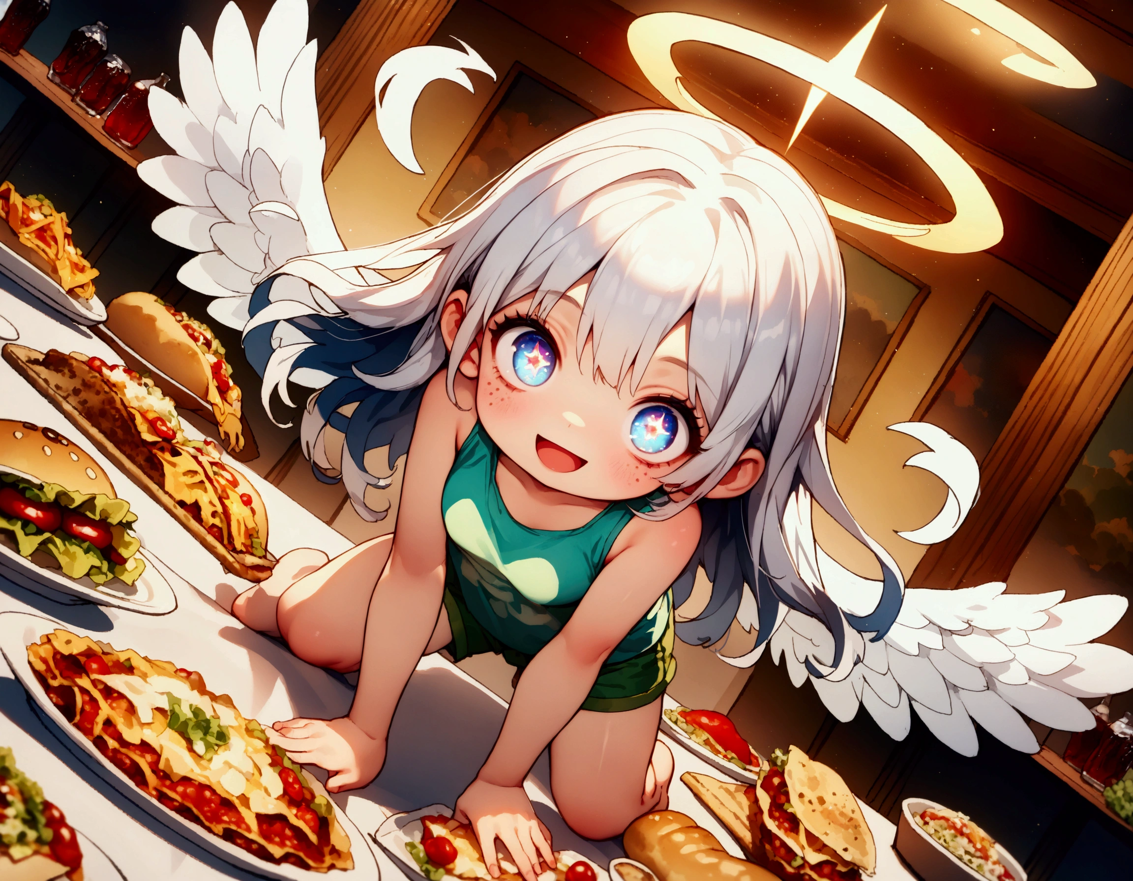 1girl\(angel,silver hair,shining hair, long hair, floating hair, cosmic eyes, big eyes,many stars in eyes, beautiful, cute, shiny body, (big white wings), glowing halo\(angel ring\), dark bag under eyes,geek,freckles, tank top\(geek-anime-printed\), green short shorts, big smile,open mouth, surprised, cute pose,(far away from viewer)\) , many beautiful junk foods\(pizza, humberger, lasagna, Coca-Cola, tacos, hot-dog, many shining effects\) on the table, BREAK ,background\(trippy colorful shines, simple,happy mood\), BREAK ,quality\(8k,wallpaper of extremely detailed CG unit, high resolution, top-quality, top-quality real texture skin, hyper realistic, increase the resolution, RAW photos, best quality, highly detailed, the wallpaper,golden ratio,high saturation realism, vibrant colors, dramatic lighting, persuasive storytelling, atmospheric scenery, captivating visuals, intricate details, strong emotions,dreamlike world\),(from above), (focus at foods),(dynamic angle:1.3)