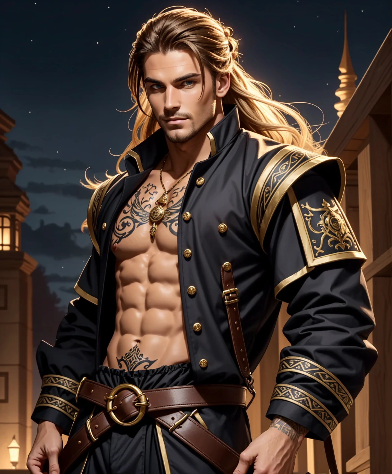 one man, Professional Photo, close waist up shot, beautiful male blonde elf lean looking down at his hands wearing a modest-brown-leather-crop top, walking down a cobblestone wooded path, (in an enchanted deep forest), detailed eyes, strong chest, bulge, muscular legs, tired expression, large manhood, (detailed reflective shiny skin, diffused skin pores), leaves falling, portrait, (highly detailed, fine details, intricate), deep depth of field, diffused soft lighting, (reflections:0.3), (hard lighting:0.3), photographed on a Leica SL (Typ 601) Mirrorless Digital Camera, 90mm micro lens, sharp focus, HDR, 4k resolution, cinematic film still,
