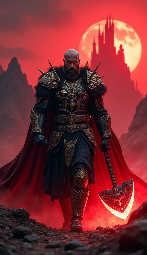  Imagine a Viking Sith warrior wearing intricate Gothic armor , with black and gold details,  symbolizing power and discipline .  He carries a huge war hammer with glowing Sith runes ,  surrounded by an intense red aura .  His eyes are a menacing glow of hatred and domination . He is walking and behind him ,  an imposing stronghold rises over dark mountains ,  under a blood-red sky that reflects the militaristic glory of the Sith empire.