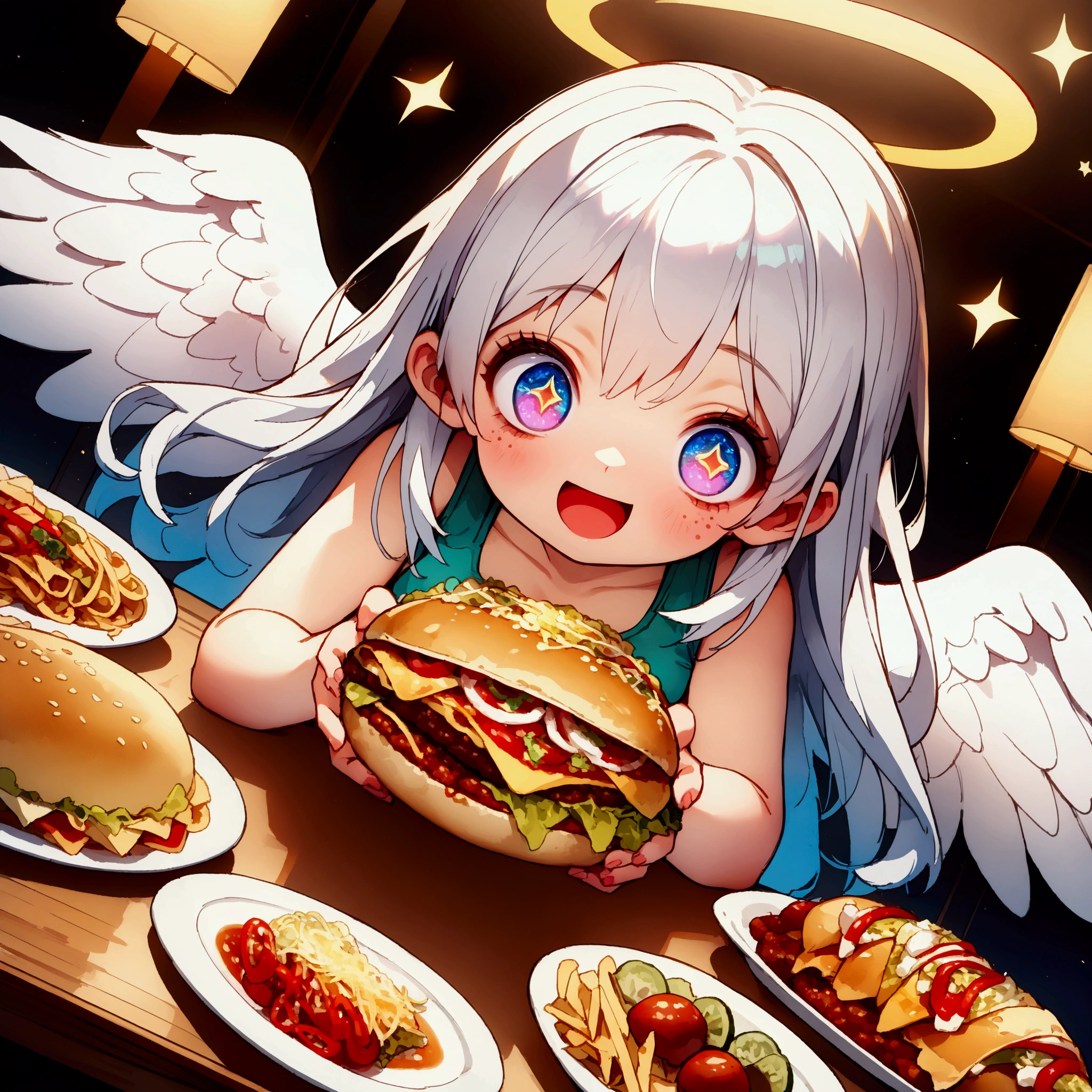 1girl\(angel,silver hair,shining hair, long hair, floating hair, cosmic eyes, big eyes,many stars in eyes, beautiful, cute, shiny body, (big white wings), glowing halo\(angel ring\), dark bag under eyes,geek,freckles, tank top\(geek-anime-printed\), green short shorts, big smile,open mouth, surprised, cute pose,(far away from viewer)\) , many beautiful junk foods\(pizza, humberger, lasagna, Coca-Cola, tacos, hot-dog, many shining effects\) on the table, BREAK ,background\(trippy colorful shines, simple,happy mood\), BREAK ,quality\(8k,wallpaper of extremely detailed CG unit, high resolution, top-quality, top-quality real texture skin, hyper realistic, increase the resolution, RAW photos, best quality, highly detailed, the wallpaper,golden ratio,high saturation realism, vibrant colors, dramatic lighting, persuasive storytelling, atmospheric scenery, captivating visuals, intricate details, strong emotions,dreamlike world\),(from above), (focus at foods),(dynamic angle:1.3)