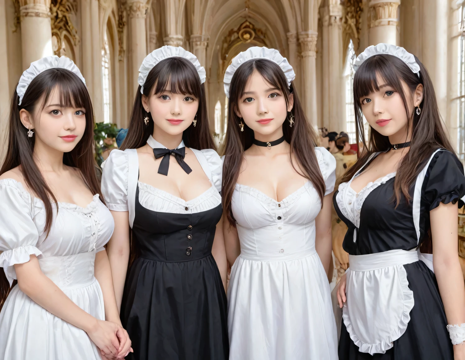 score_8up, score_9, best quality、masterpiece, Group photo, group, ((Palace of Versailles、Great Hall ))、Group of maids lining up, Lined maids , beautiful girls , Submissive woman, Happy expression, ((High quality maid clothes、 miniskirt )), Orthodox Idol, Shooting from a distance, Adorable, smile, Slim face, Body is slim , Straight Long Hair , Brown Hair, bangs,Black choker、 blue contact lenses 、bangs、 very bushy long eyelashes 、((Big Breasts)), NATURAL MAKEUP , Ring Earrings
