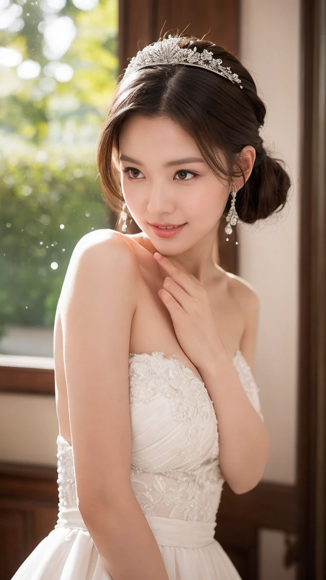 (Best Quality, 8k, 32k, Masterpiece, UHD: 1.2), Dainty Japan Woman Pictures, 1 Girl, (Dark Brown Hair), Double Eyelids, (Big: 1.2), Sexy, (Wedding Dress, Wedding Veil)), (Deep Slit: 1.2), (Side Boob), (Smile: 1.1), Overhead Shot