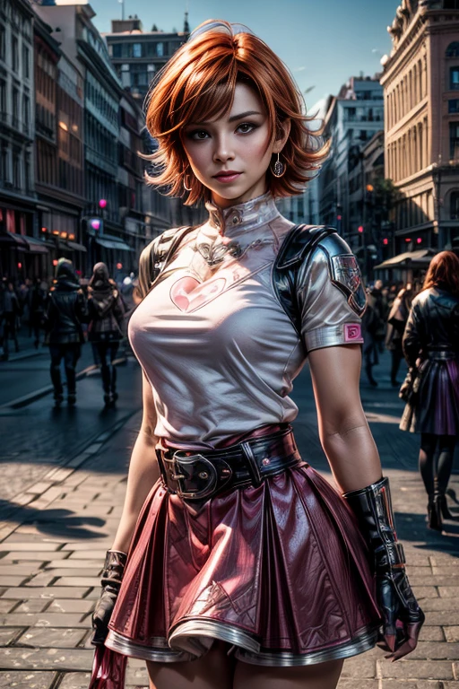 cowboy shot, beautiful (nora_valkyrie), looking at viewer, smiling, lips, short hair, blue eyes, orange hair, hoop earring, heart design on t-shirt, gloves, jacket, pink skirt, pink belt, short sleeves, puffy sleeves, single armband, fingerless gloves, black nail, standing in cityscape, crowd, fountain, best quality, masterpiece, intricate details, tonemapping, sharp focus, hyper detailed, masterpiece, elegant face, beautiful face, highly detailed skin, skin pores, subsurface scattering, realistic pupils, full lips, detailed background, depth of field, atmospheric perspective, volumetric lighting, sharp focus, absurdres, realistic proportions, good anatomy, (realistic, hyperrealistic:1.4), 16k hdr,