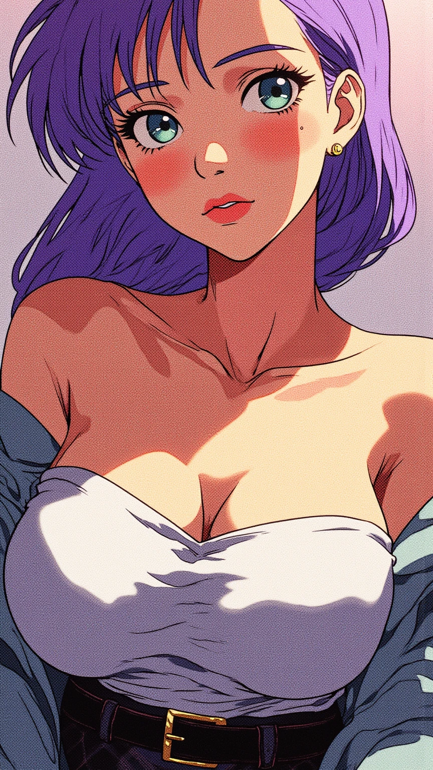masterpiece, best quality), beautiful woman, wavy hair, assymetrical bangs, intricate lace lingerie, perfect face, beautiful face, alluring, big gorgeous eyes, huge breasts, soft smile, perfect slim fit body, luxury bedroom, bright colors, (risograph)naked