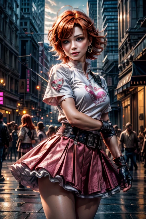 cowboy shot, beautiful (nora_valkyrie), looking at viewer, smiling, lips, short hair, blue eyes, orange hair, hoop earring, heart design on t-shirt, gloves, jacket, pink skirt, pink belt, short sleeves, puffy sleeves, single armband, fingerless gloves,  black nail, standing in cityscape, crowd, fountain, best quality, masterpiece, intricate details, tonemapping, sharp focus, hyper detailed, masterpiece, elegant face, beautiful face, highly detailed skin, skin pores, subsurface scattering, realistic pupils, full lips, detailed background, depth of field, atmospheric perspective, volumetric lighting, sharp focus, absurdres, realistic proportions, good anatomy, (realistic, hyperrealistic:1.4), 16k hdr,