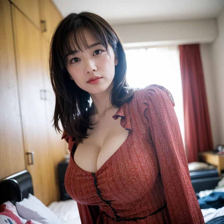 Best Quality、8k、masterpiece、Realistic, Sharp focus,  High Resolution ,  High Resolution , Portraiture, Alone, Japanese,  Beautiful woman, Flåm,(( dynamic pose )),A blouse that shows off her cleavage, Attractive body,(Cluttered Background,  messy room ), Dark Background