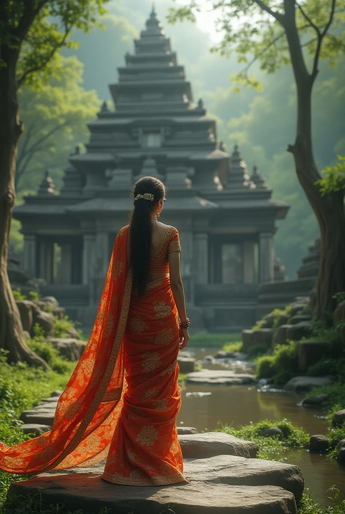 Beautiful Indian girl in saree looking straight in pond and in background there is temple. It's raining