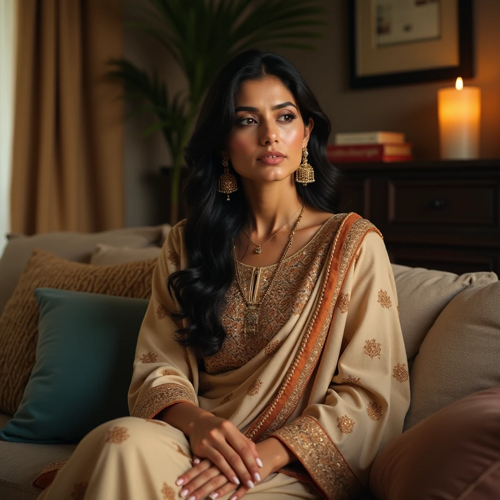 40 year old Pakistani woman sitting in sofa