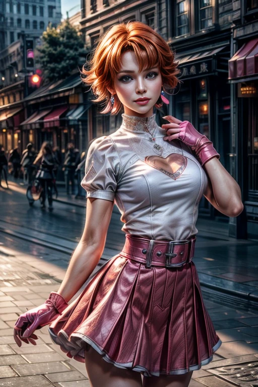cowboy shot, beautiful (nora_valkyrie), looking at viewer, smiling, lips, short hair, blue eyes, orange hair, hoop earring, heart design on t-shirt, gloves, jacket, pink skirt, pink belt, short sleeves, puffy sleeves, single armband, fingerless gloves, black nail, standing in cityscape, crowd, fountain, best quality, masterpiece, intricate details, tonemapping, sharp focus, hyper detailed, masterpiece, elegant face, beautiful face, highly detailed skin, skin pores, subsurface scattering, realistic pupils, full lips, detailed background, depth of field, atmospheric perspective, volumetric lighting, sharp focus, absurdres, realistic proportions, good anatomy, (realistic, hyperrealistic:1.4), 16k hdr,
